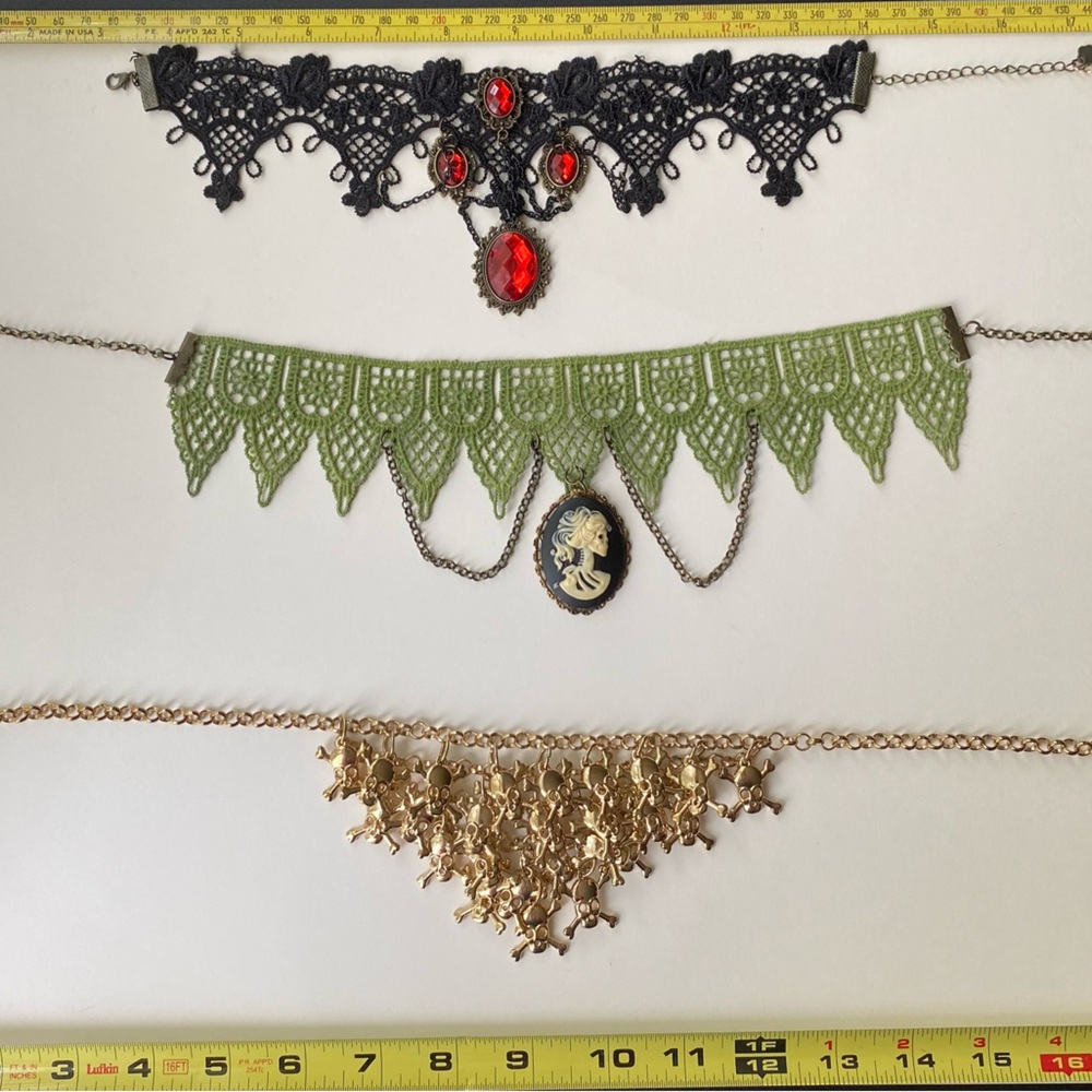Set of 3 Gothic Chokers - Black, Green, and Gold - plus Skulls